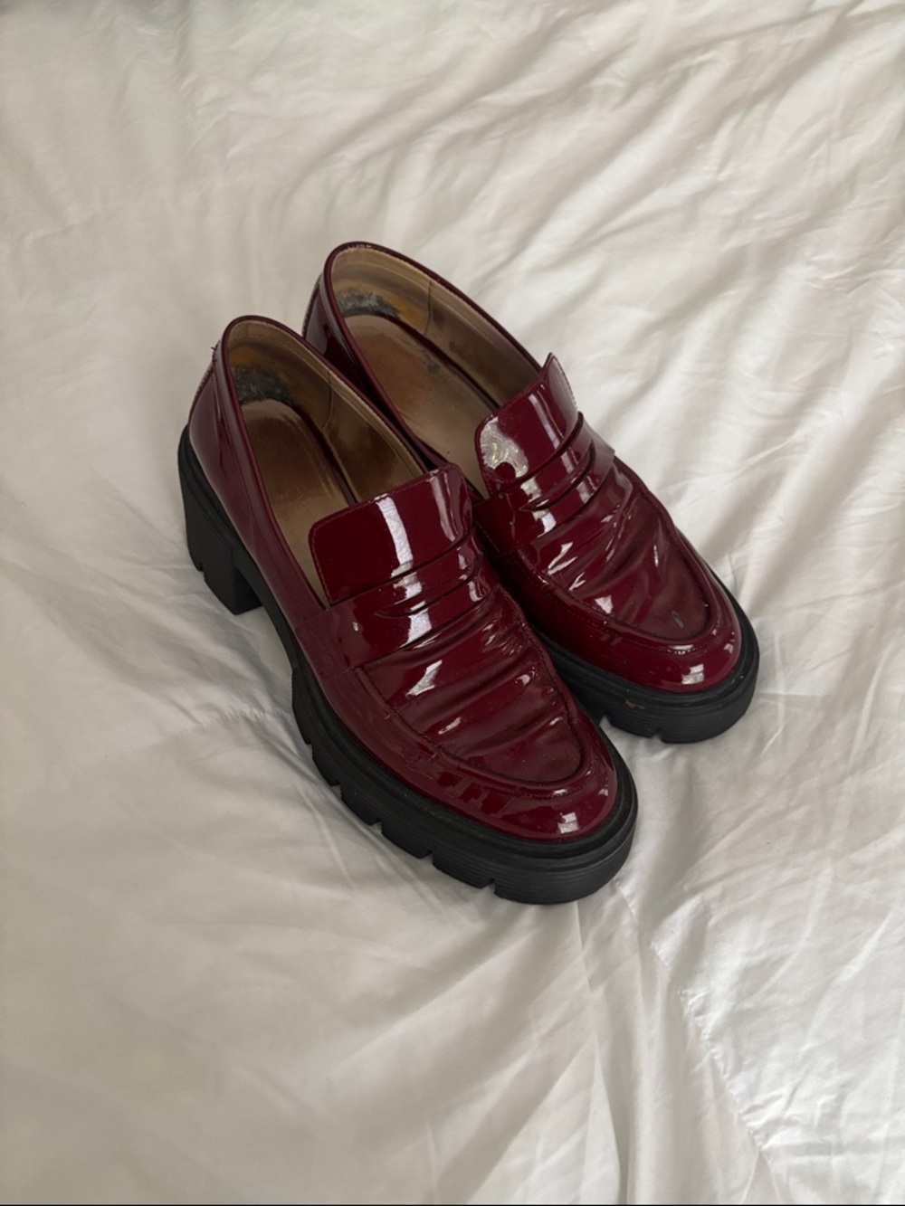 Stuart Weitzman Glossy Burgundy Platform Penny Loafers